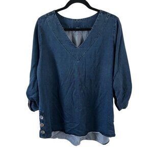 Soft Surrounding Denim V Neck Rolled Sleeve Blouse Sz Medium